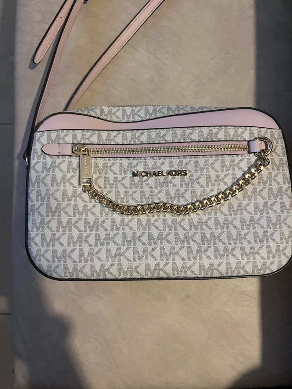 Michael Kors White & Pale Pink MK Logo Crossbody with Gold Chain